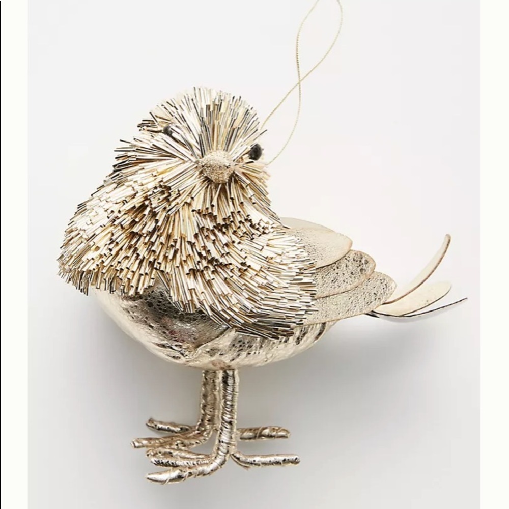 NWT Pair Anthropologie Metallic Beaded Bird Ornaments Gold